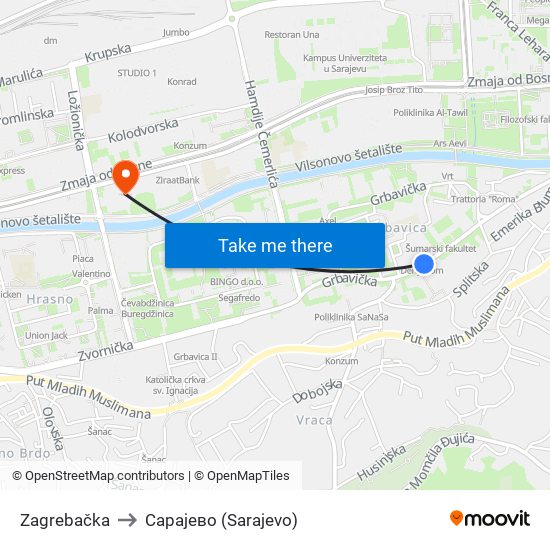 Zagrebačka to Сарајево (Sarajevo) map