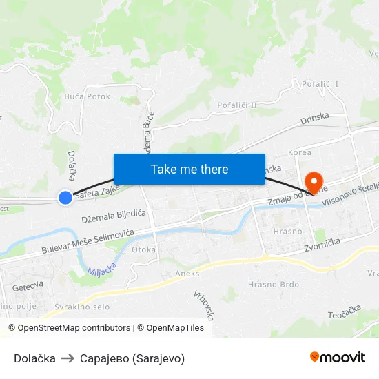 Dolačka to Сарајево (Sarajevo) map