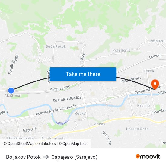 Boljakov Potok to Сарајево (Sarajevo) map
