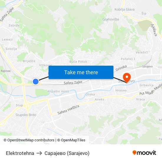 Elektrotehna to Сарајево (Sarajevo) map
