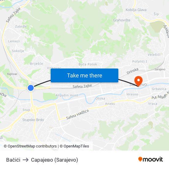Bačići to Сарајево (Sarajevo) map