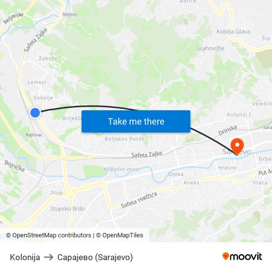 Kolonija to Сарајево (Sarajevo) map