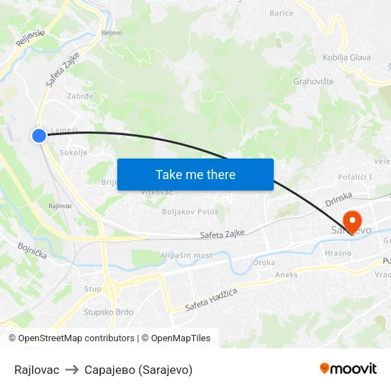 Rajlovac to Сарајево (Sarajevo) map