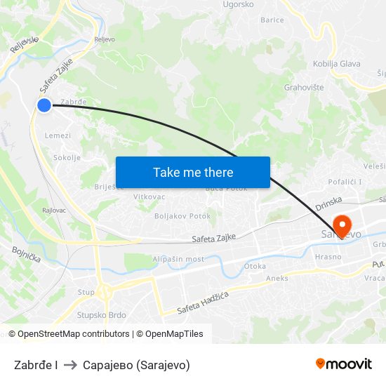 Zabrđe I to Сарајево (Sarajevo) map