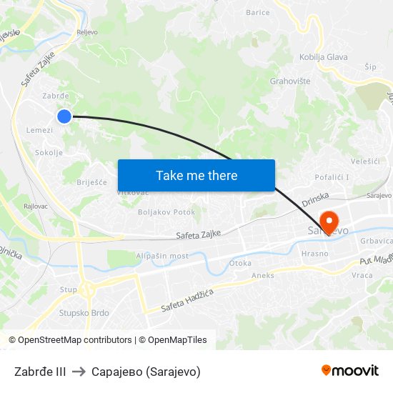 Zabrđe III to Сарајево (Sarajevo) map