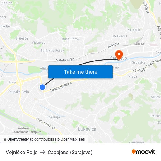 Vojničko Polje to Сарајево (Sarajevo) map