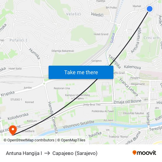 Antuna Hangija I to Сарајево (Sarajevo) map