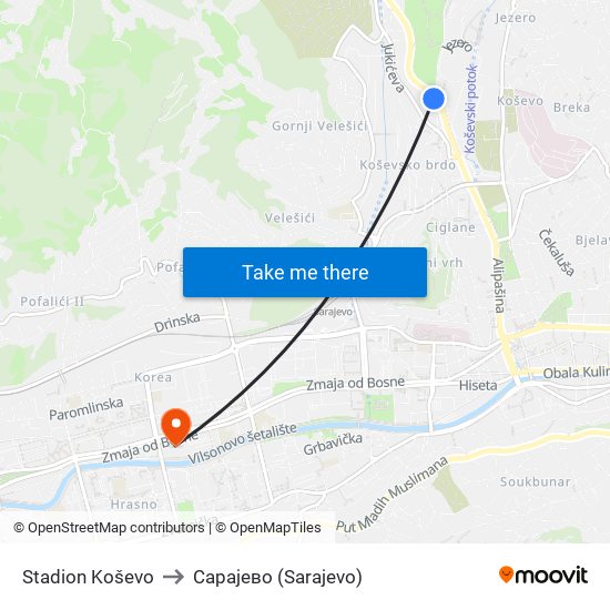 Stadion Koševo to Сарајево (Sarajevo) map