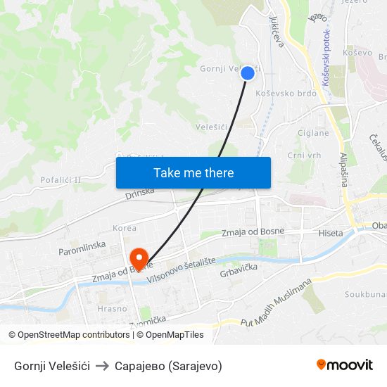 Gornji Velešići to Сарајево (Sarajevo) map