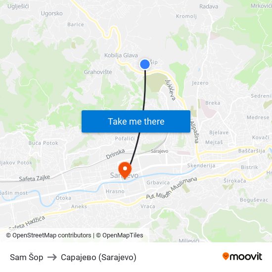 Sam Šop to Сарајево (Sarajevo) map