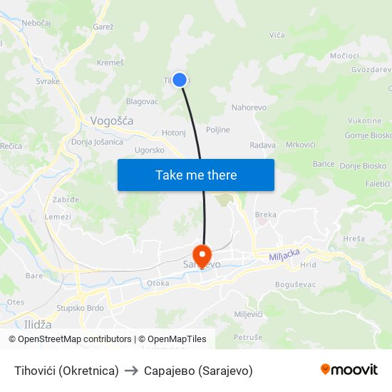 Tihovići (Okretnica) to Сарајево (Sarajevo) map