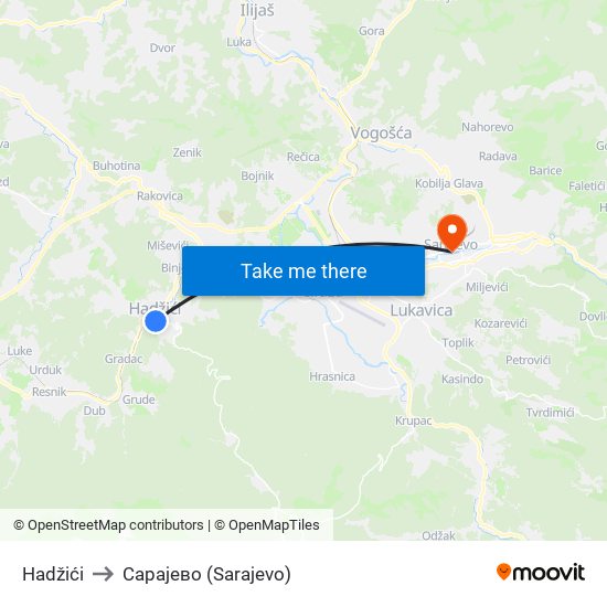 Hadžići to Сарајево (Sarajevo) map