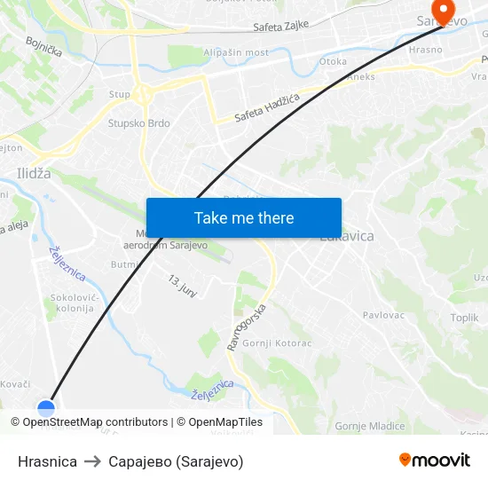 Hrasnica to Сарајево (Sarajevo) map