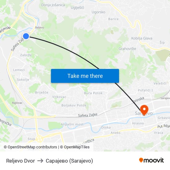 Reljevo Dvor to Сарајево (Sarajevo) map