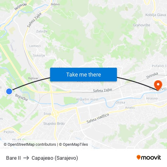 Bare II to Сарајево (Sarajevo) map