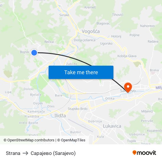 Strana to Сарајево (Sarajevo) map