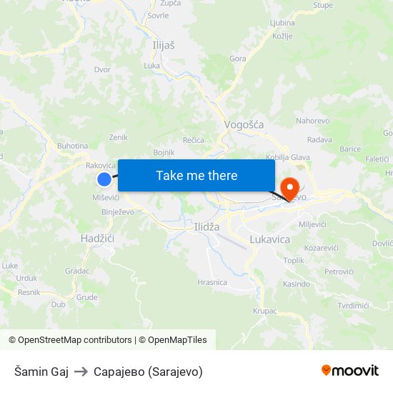 Šamin Gaj to Сарајево (Sarajevo) map