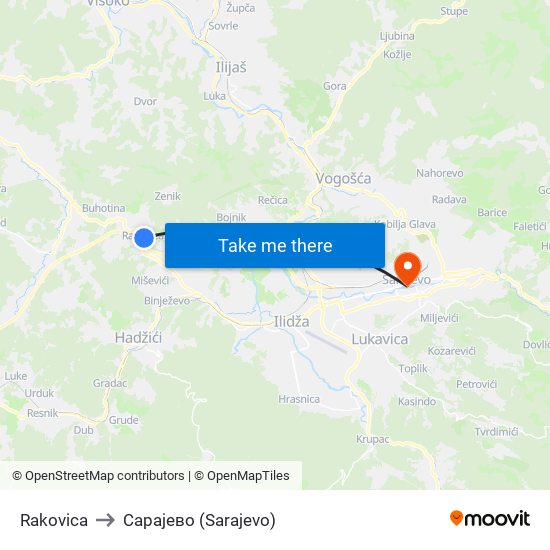 Rakovica to Сарајево (Sarajevo) map