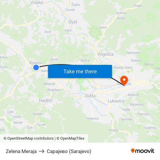 Zelena Meraja to Сарајево (Sarajevo) map