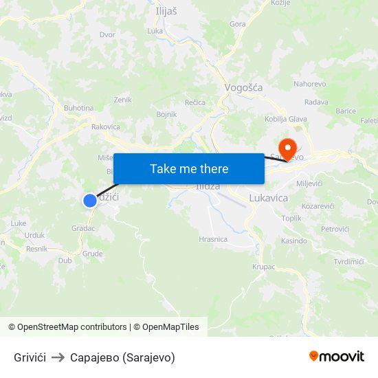 Grivići to Сарајево (Sarajevo) map