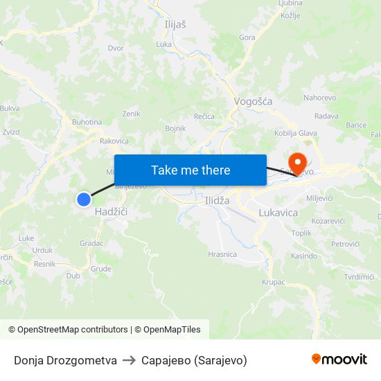 Donja Drozgometva to Сарајево (Sarajevo) map