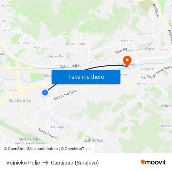 Vojničko Polje to Сарајево (Sarajevo) map