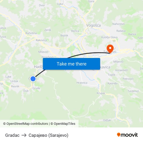 Gradac to Сарајево (Sarajevo) map