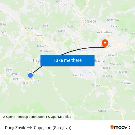 Donji Zovik to Сарајево (Sarajevo) map