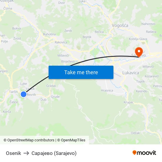 Osenik to Сарајево (Sarajevo) map