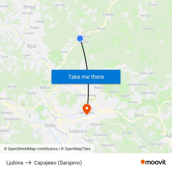 Ljubina to Сарајево (Sarajevo) map