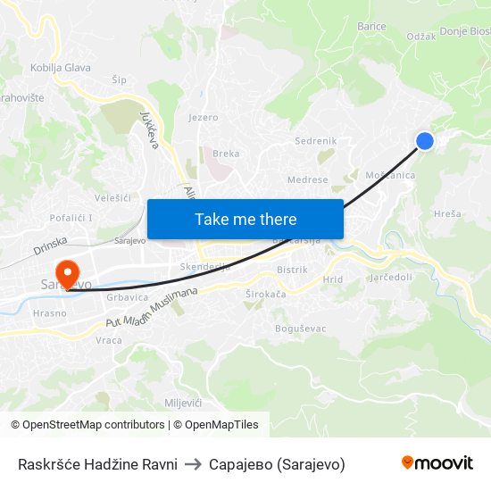 Raskršće Hadžine Ravni to Сарајево (Sarajevo) map