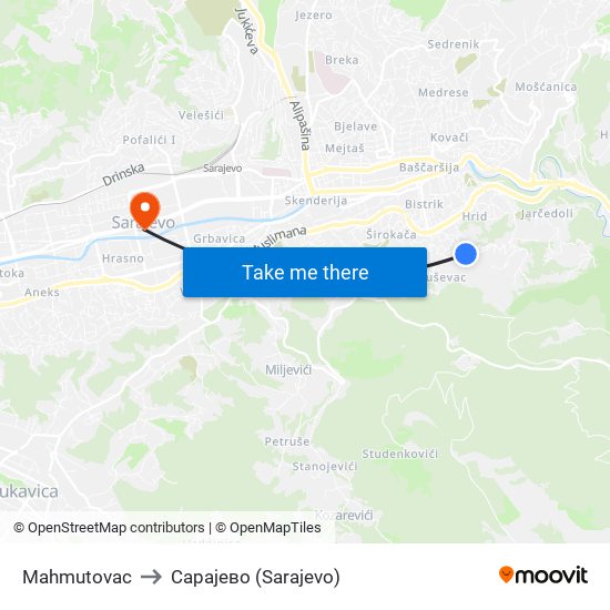 Mahmutovac to Сарајево (Sarajevo) map