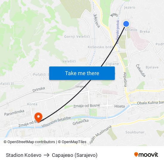 Stadion Koševo to Сарајево (Sarajevo) map