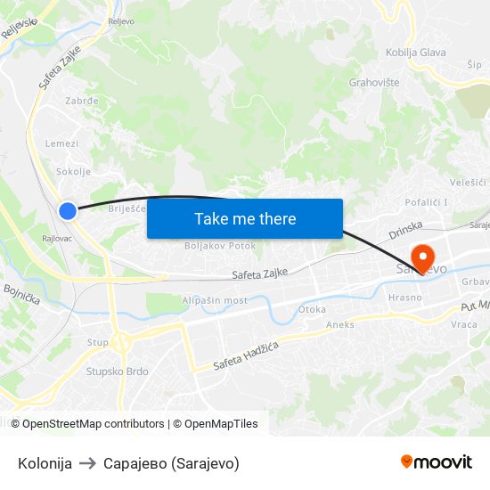 Kolonija to Сарајево (Sarajevo) map