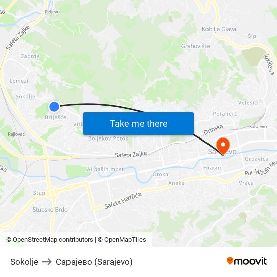 Sokolje to Сарајево (Sarajevo) map