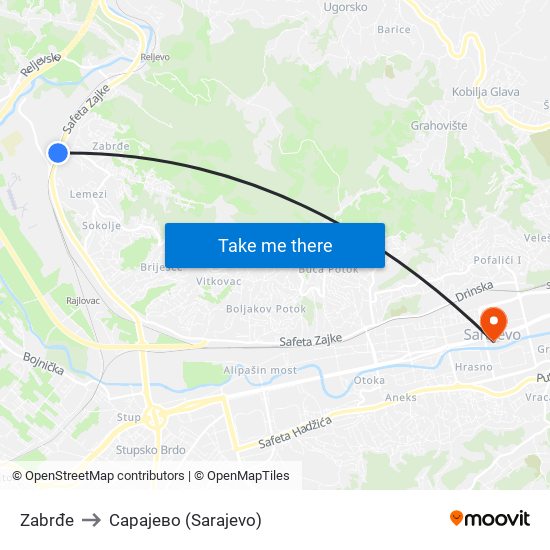 Zabrđe to Сарајево (Sarajevo) map