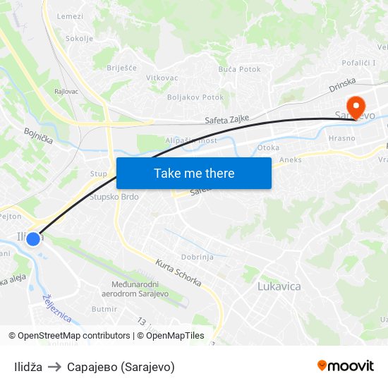 Ilidža to Сарајево (Sarajevo) map