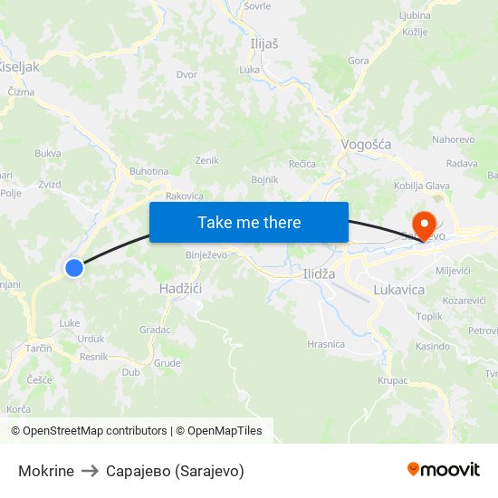 Mokrine to Сарајево (Sarajevo) map