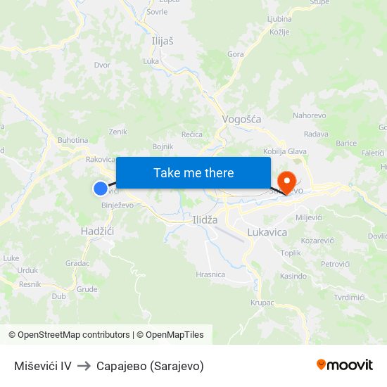 Miševići IV to Сарајево (Sarajevo) map