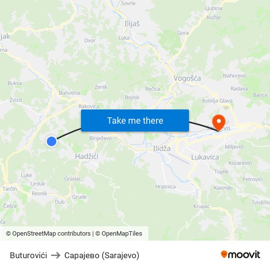 Buturovići to Сарајево (Sarajevo) map