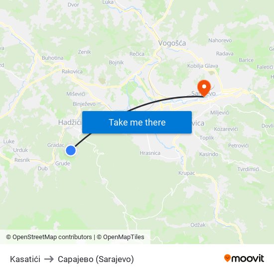 Kasatići to Сарајево (Sarajevo) map