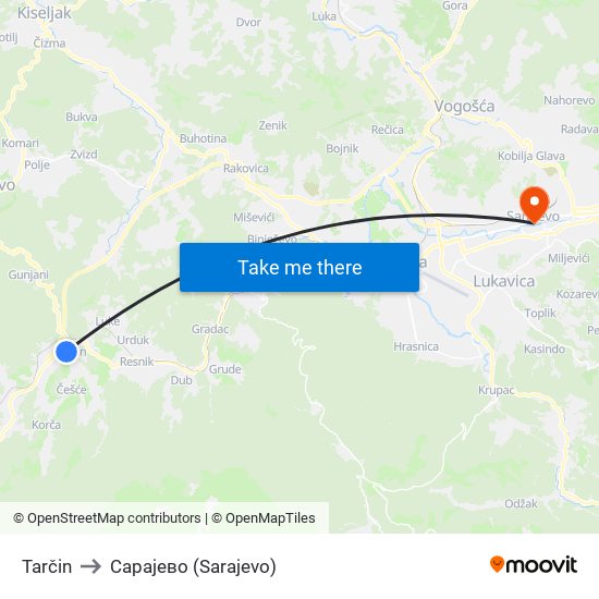 Tarčin to Сарајево (Sarajevo) map