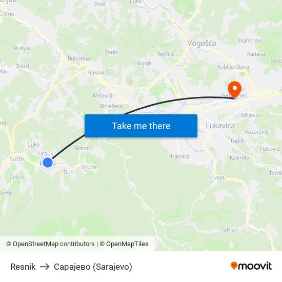 Resnik to Сарајево (Sarajevo) map