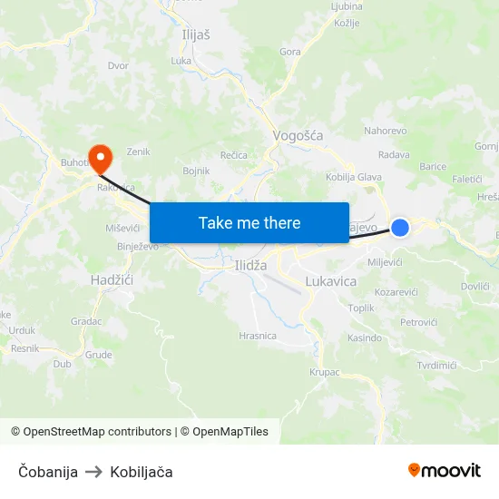 Čobanija to Kobiljača map