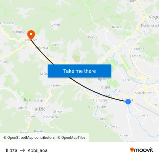 Ilidža to Kobiljača map