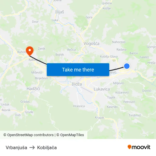 Vrbanjuša to Kobiljača map