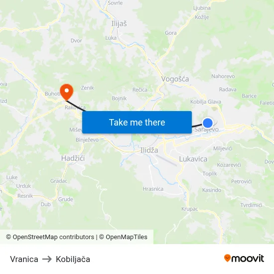 Vranica to Kobiljača map