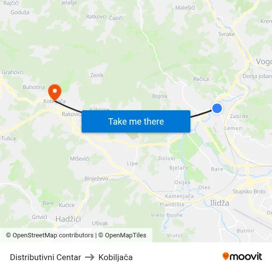 Distributivni Centar to Kobiljača map