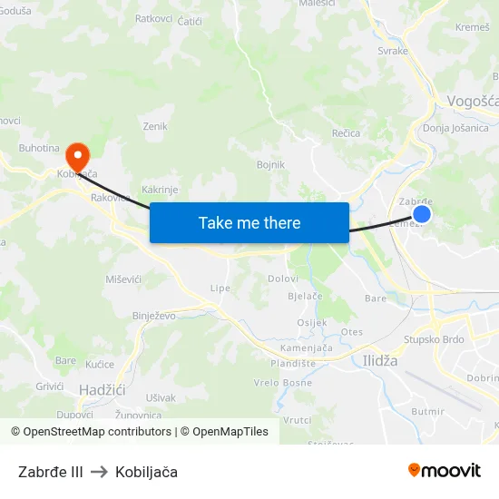 Zabrđe III to Kobiljača map