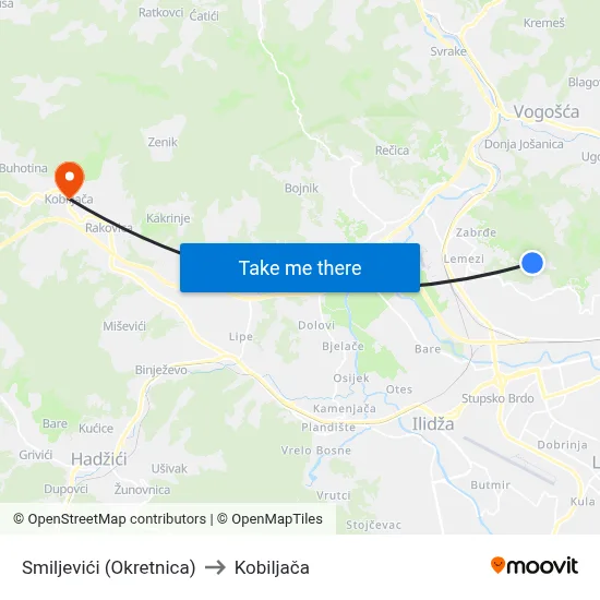 Smiljevići (Okretnica) to Kobiljača map
